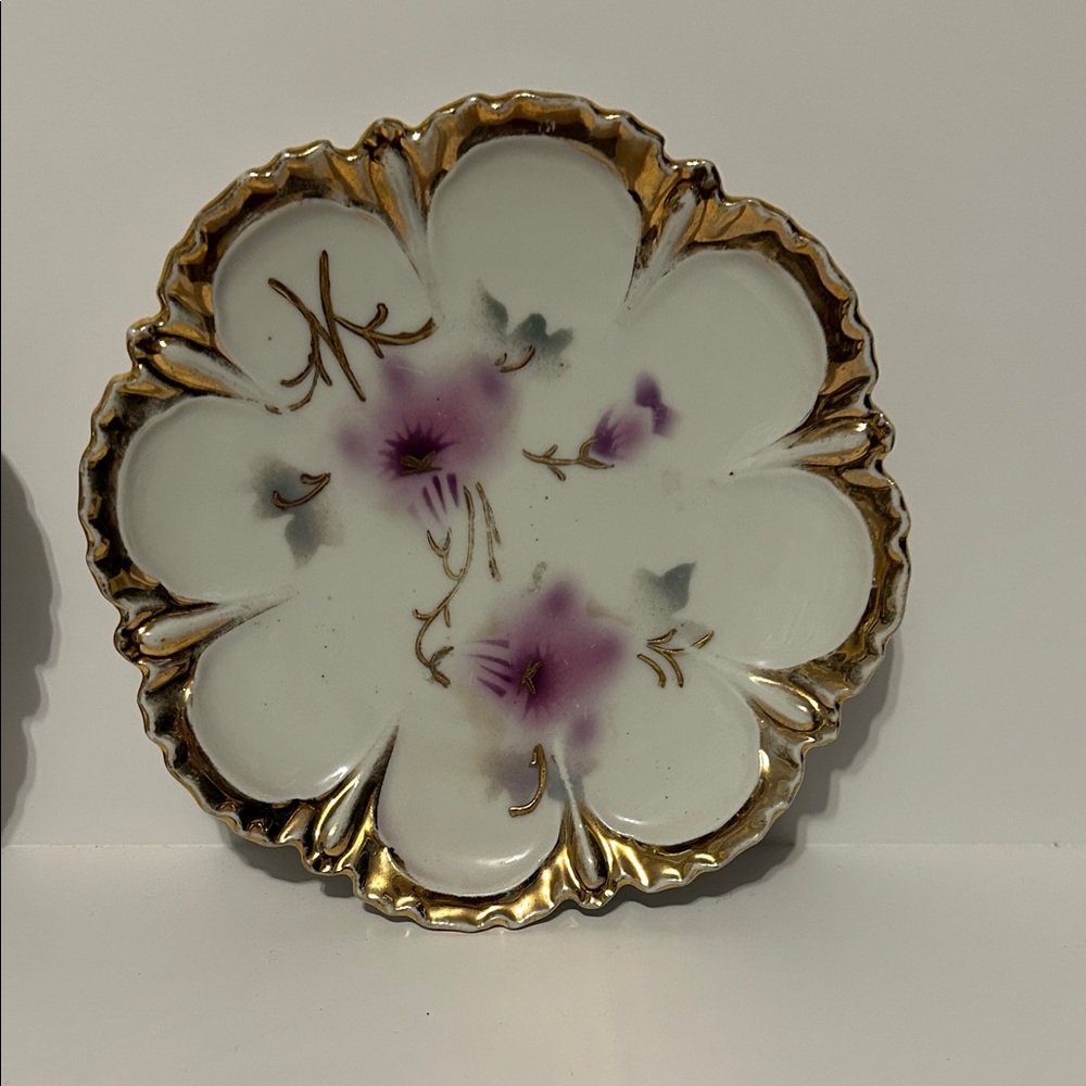 Hand-Painted Floral Scalloped Porcelain Dish with Gold Trim
